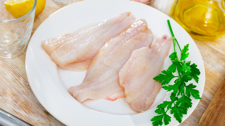 Raw rockfish filets on plate with parsley