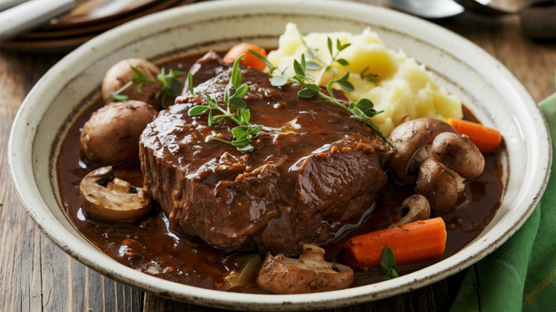 Ceramic bowl of beef bourguignon on top of a wooden table with a green napkin to the right side. Ingredients featured are beef, mushrooms, carrots, and mashed potatoes.