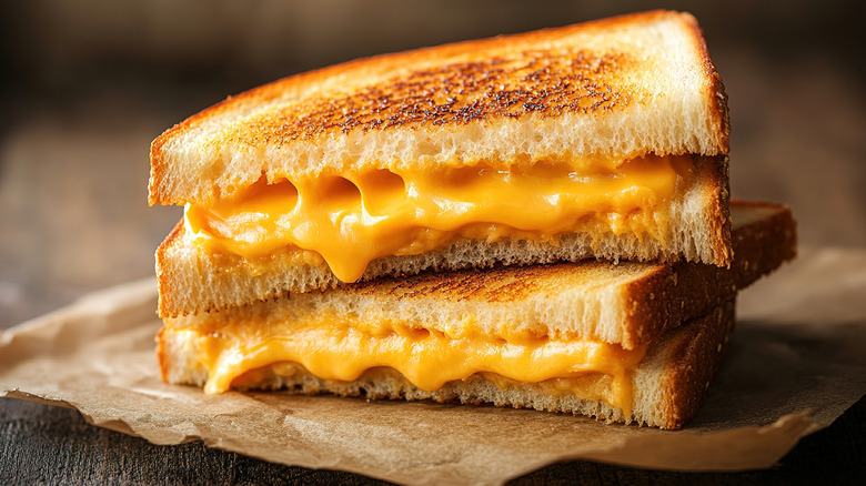 Two stacked grilled cheese sandwiches