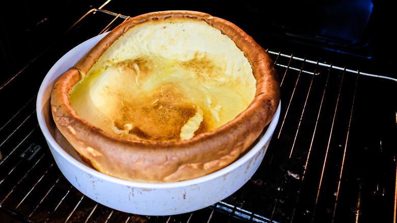 Dutch baby pancake coming out of oven