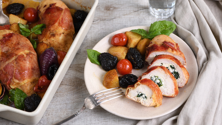 Chicken breasts stuffed with goat cheese wrapped in prosciutto