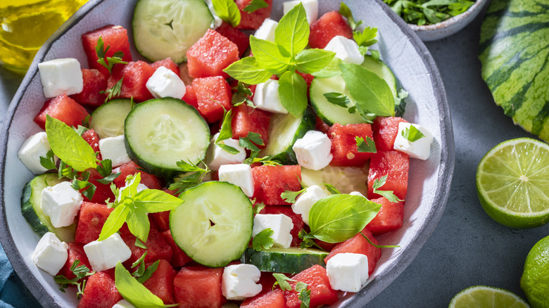 Cucumber salad with watermelon, mint, and feta