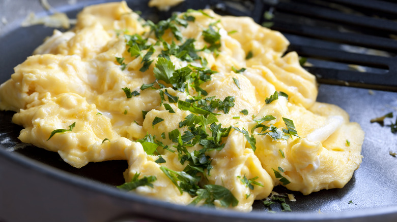 closeup of scrambled eggs 