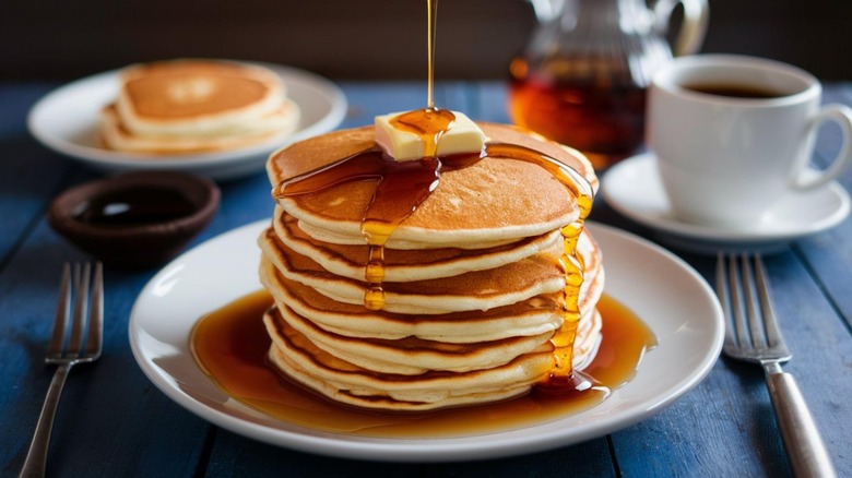 Stack of pancakes on a plate with pat of butter and syrup pouring down on top