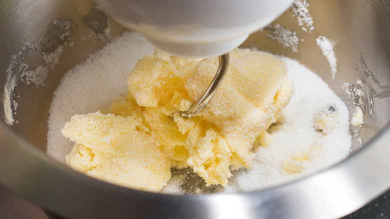 Creaming butter and sugar in electric mixer