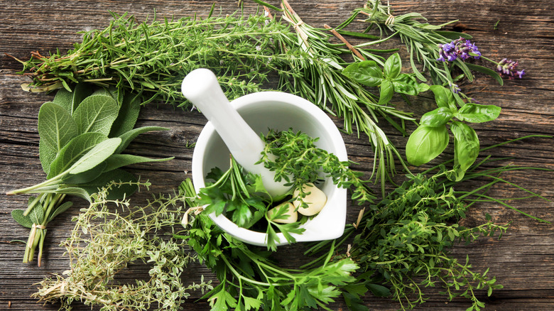 Fresh green herbs and mortar