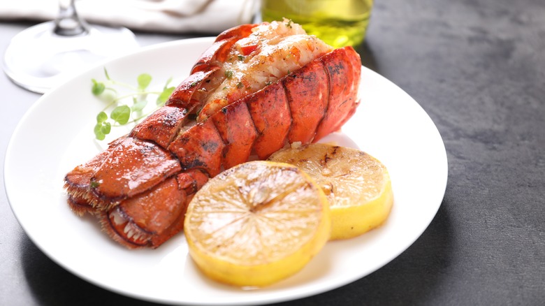 Perfectly cooked lobster tail with lemon wheels