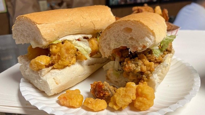 Fried shrimp oyster po-boy sandwich on French bread at Domilise's New Orleans