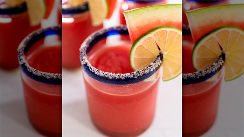 Frozen watermelon margarita with salt rim