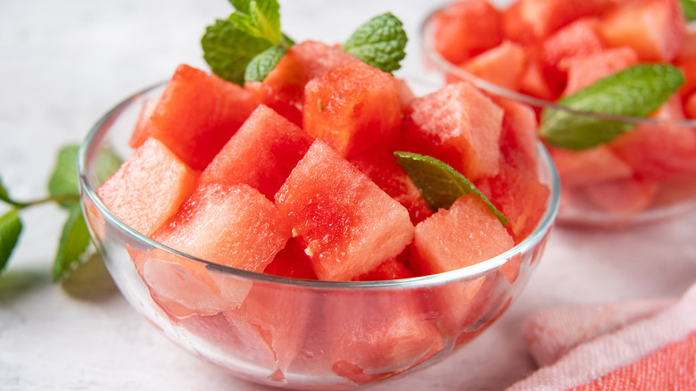 Bowl of cubed watermelon and mint