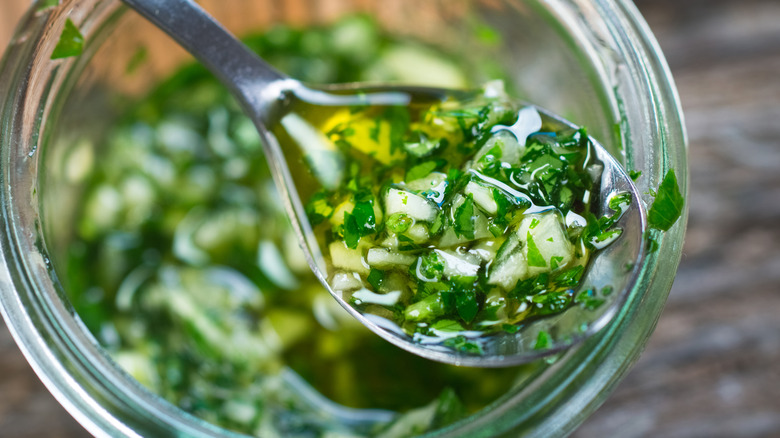 spoonful of chimichurri sauce