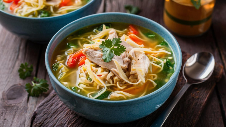 Two bowls of chicken noodle soup on a table