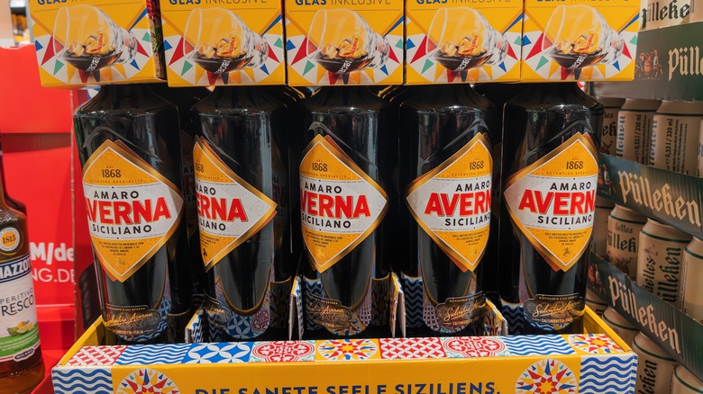 Bottles of Averna amaro on display in store