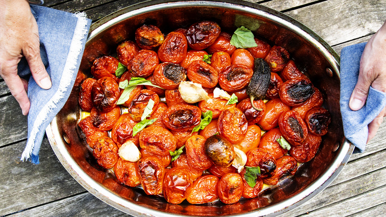 roasted tomatoes in a pan 