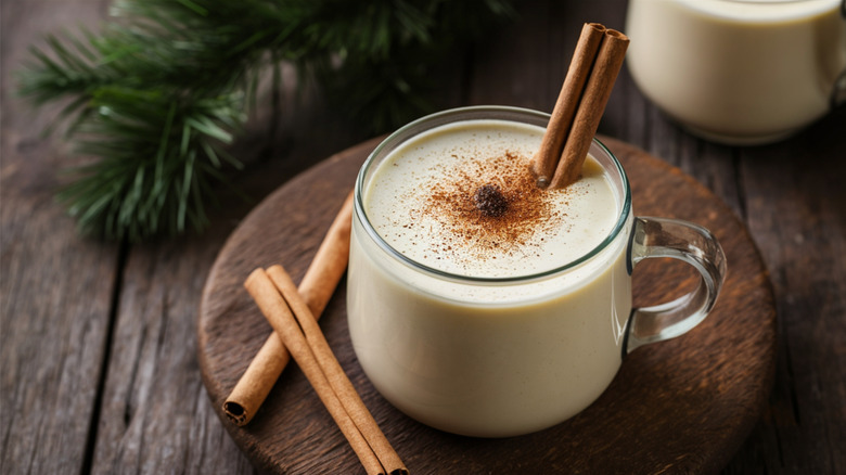 Glass of eggnog with cinnamon sticks and grated nutmeg on a rustic wooden table