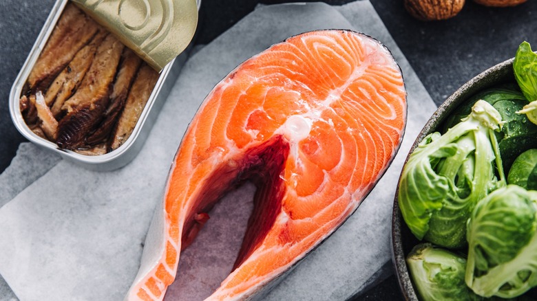 Arctic char salmon, sardines, and brussels sprouts