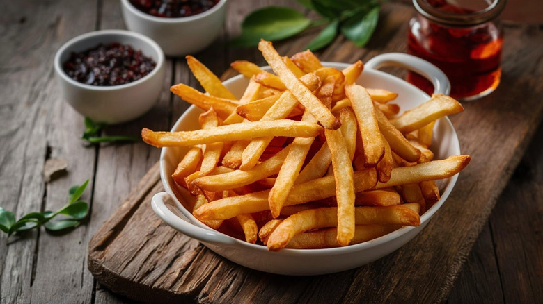 a bowl of crispy french fries on a table