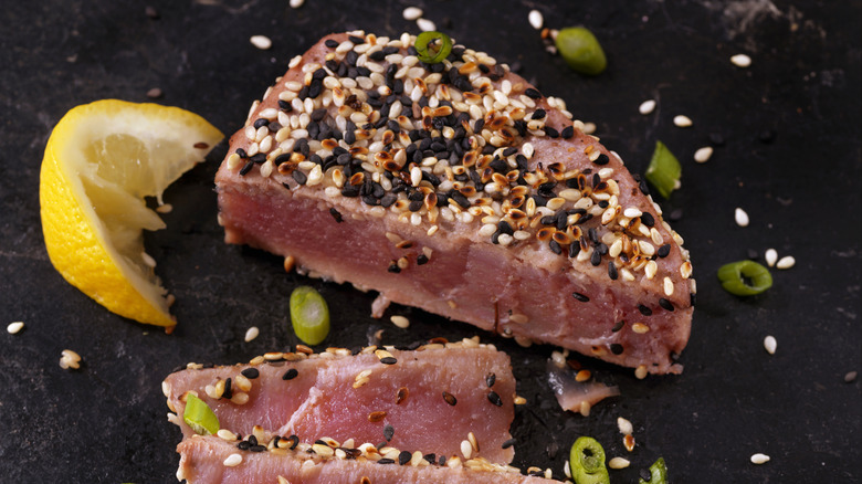 Tuna with red center and seeds on top