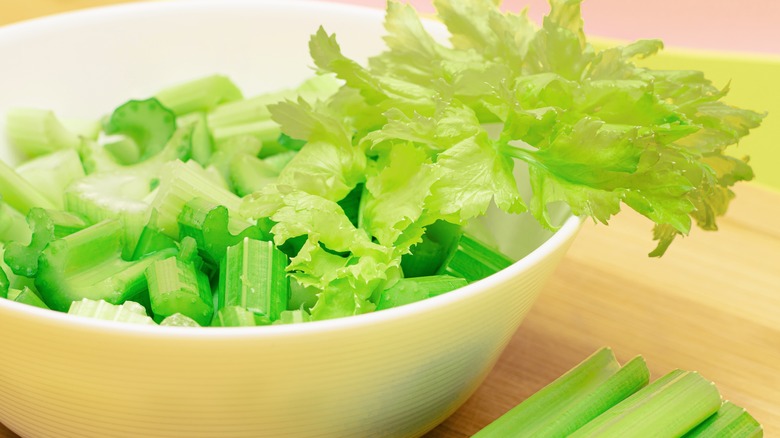 chopped celery in a bowl