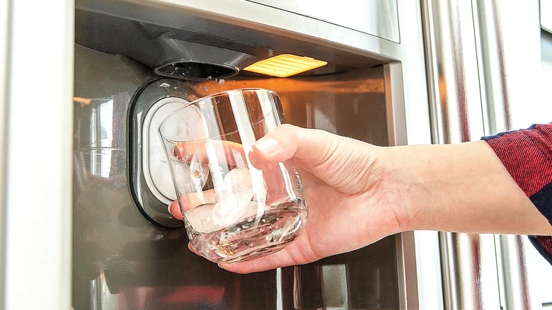 Person getting ice from fridge into glass