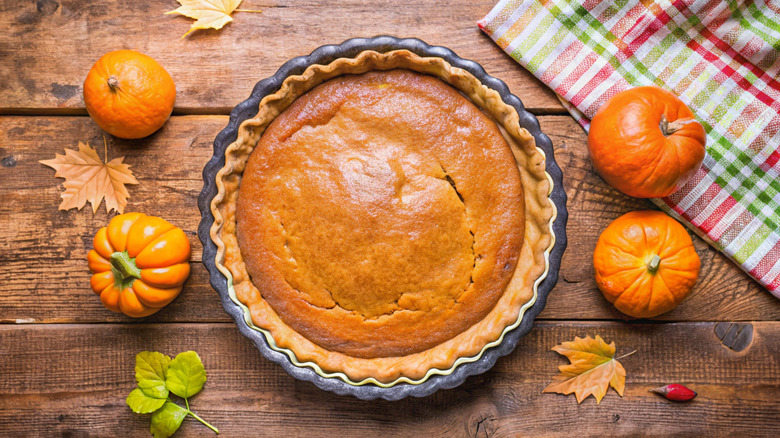 A pumpkin pie surrounded by pumpkins and fall leaves