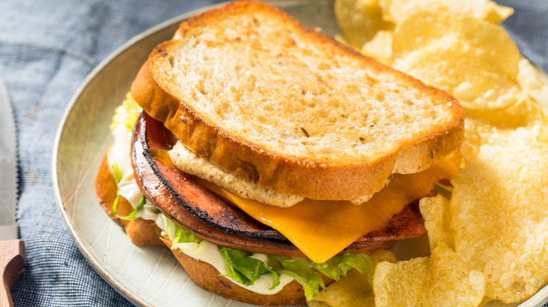 fried bologna sandwich with chips