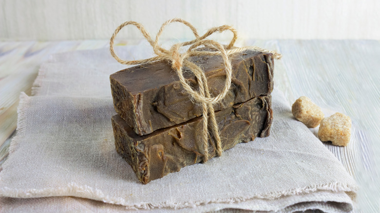 Brown soap bar wrapped in twine