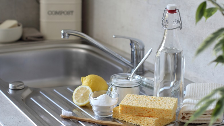 Sink with natural cleaning tools and sponges