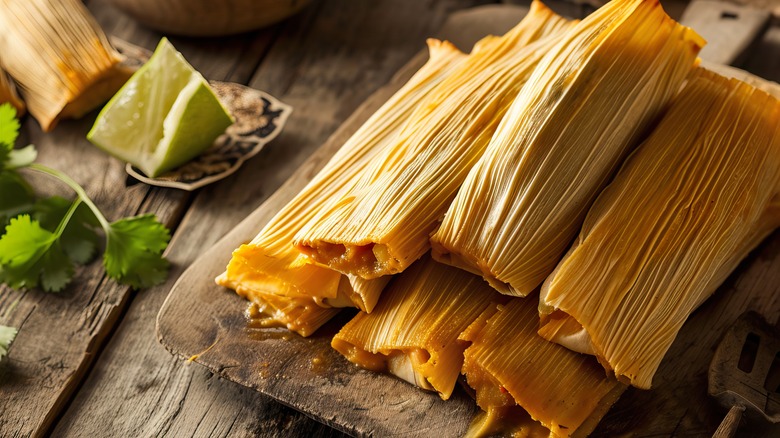 Wooden board with pile of tamales