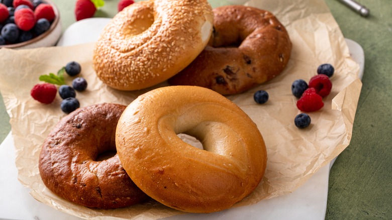 Bagels with cream cheese lox, eggs, radish, onions