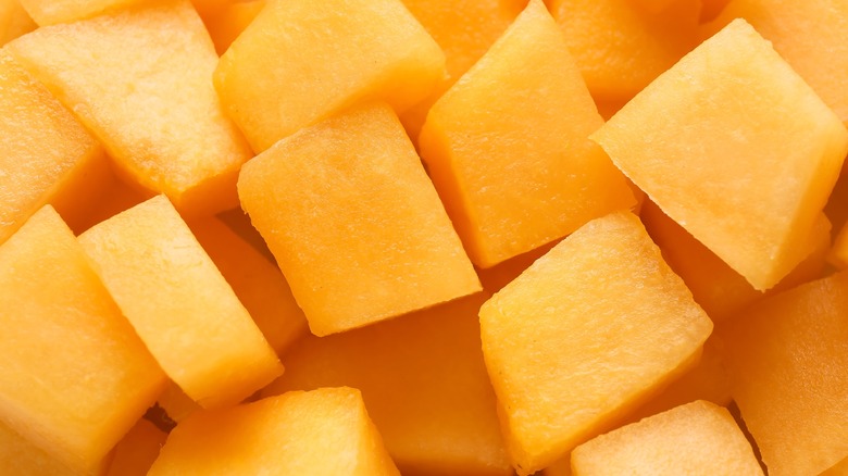 Close-up of cubed cantaloupe pieces