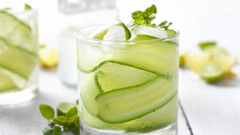 closeup of cucumber basil cocktail