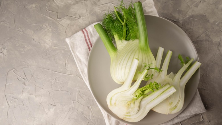 Halved fennel bulbs on a plate with a kitchen towel under it