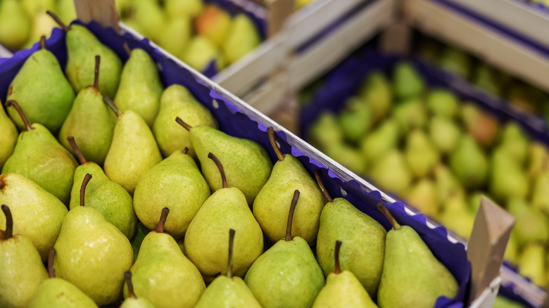 Box of pears in cold storage