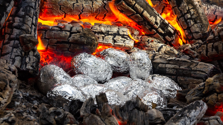Baked potatoes in campfire