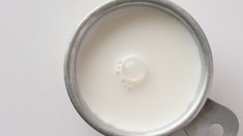 Milk in metal measuring cup