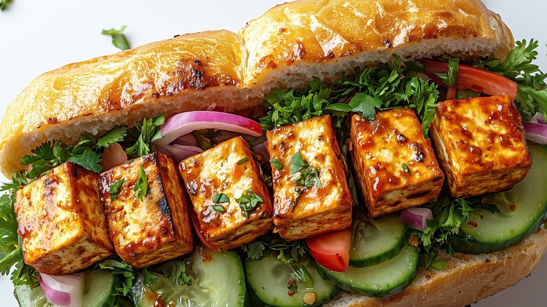 A banh mi with seasoned tofu, cucumber, onions, and cilantro