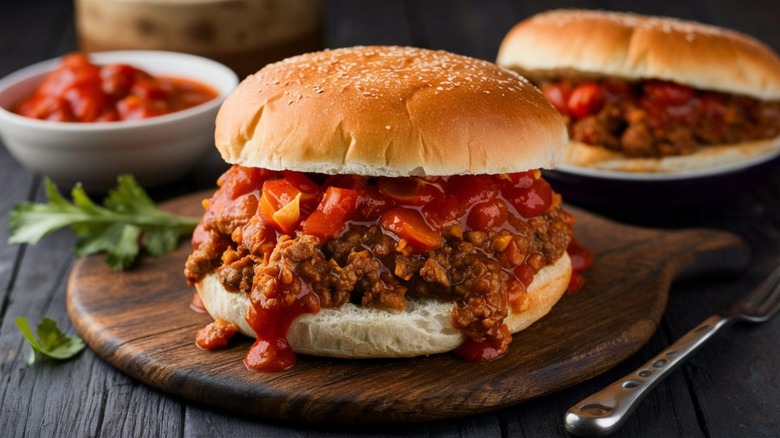 Sloppy Joes with diced tomatoes on cutting boards