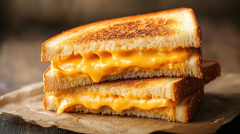 A toasted, golden brown grilled cheese sandwich cut in half