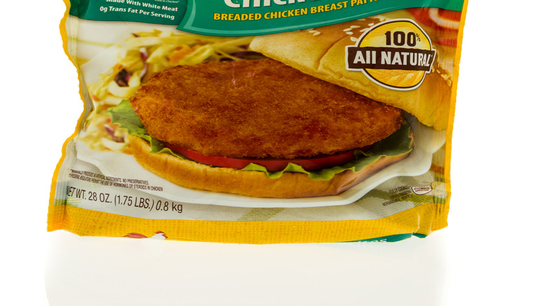 Bag of Foster Farms frozen chicken patties