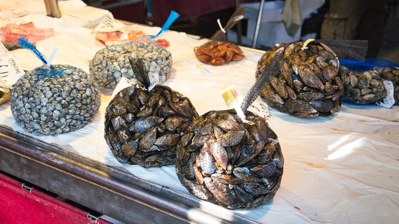 bags of mussels on display