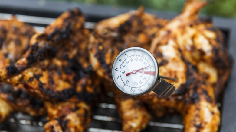 Thermometer measuring temperature of smoked chicken on the grill
