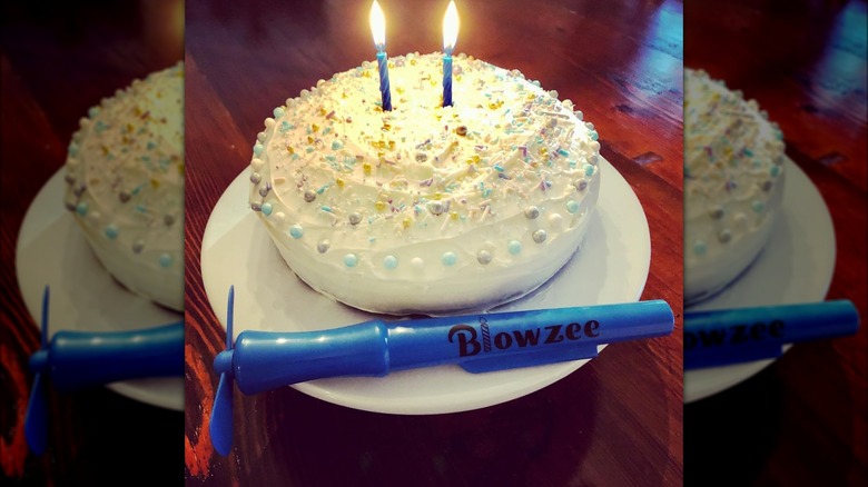 The Blowzee next to a birthday cake