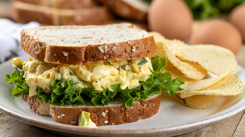 egg salad sandwich with chips