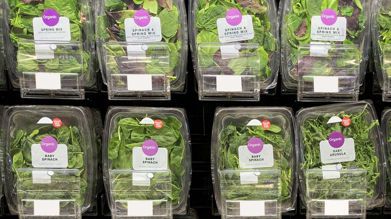 pre-packaged spring mix and baby spinach on display
