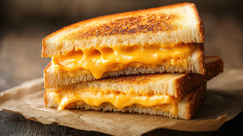 two stacked, lightly grilled cheese slices cut into triangles showing off gooey cheese