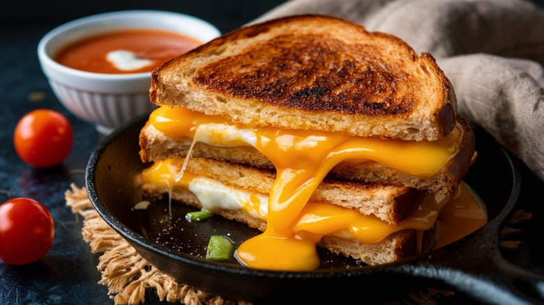 gooey grilled cheese on a skillet with tomato soup in the background