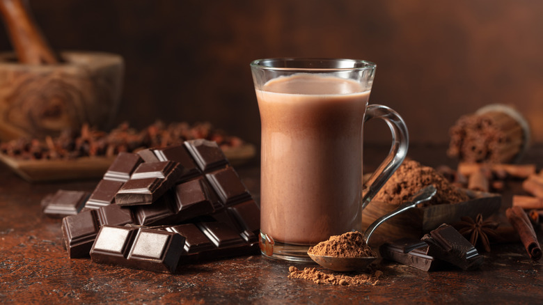 A clear glass mug of hot chocolate surrounded by bricks of chocolate and powdered cocoa in various containers