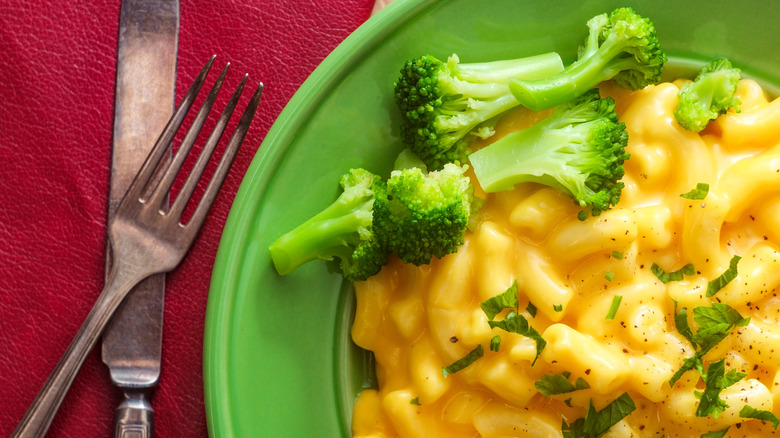 Macaroni and cheese with steamed broccoli