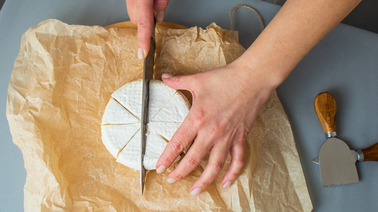 Person cutting wheel of cheese